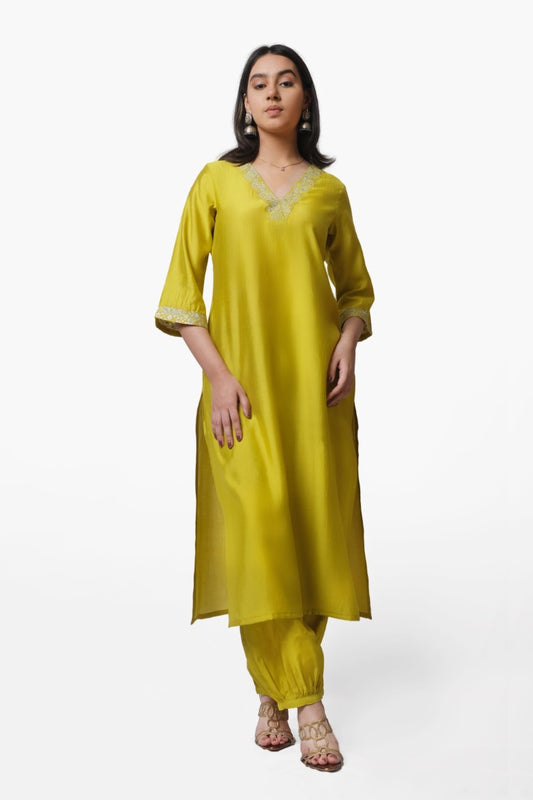 Lime Green Silk Kurta Set