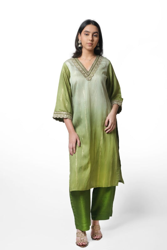 Green Gradient Kurta Set with handwork