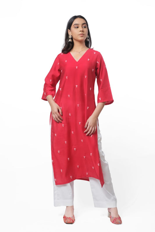 Red Silk Kurta set with Handwork Butta