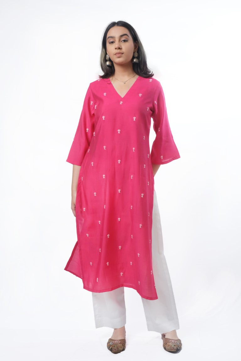 Pink Silk Kurta Set with Handwork Butta