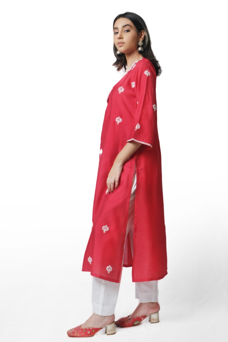 Red silk kurta set with white Co-ord work