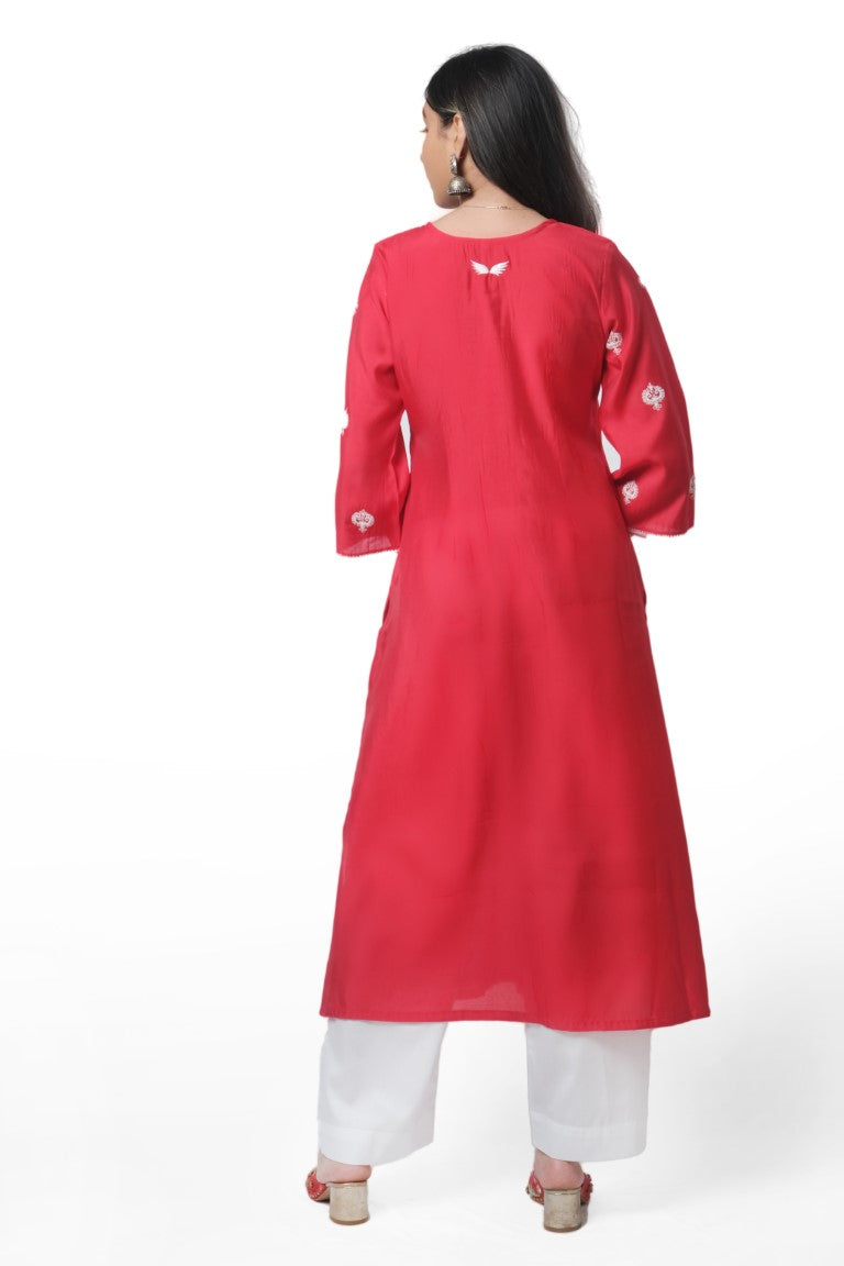 Red silk kurta set with white Co-ord work