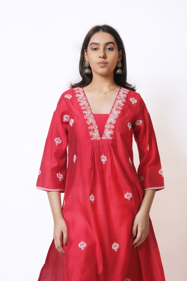 Red silk kurta set with white Co-ord work