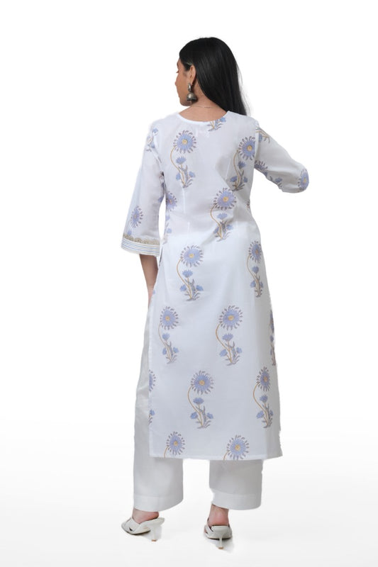 White printed Cotton Kurta