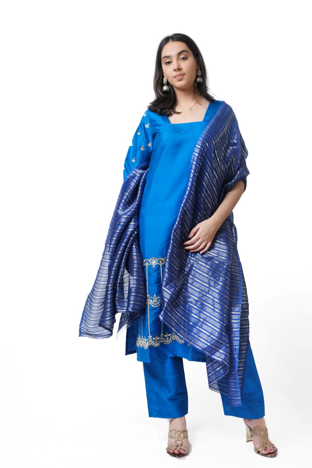 Blue Pure Raw Silk set with silk dupatta