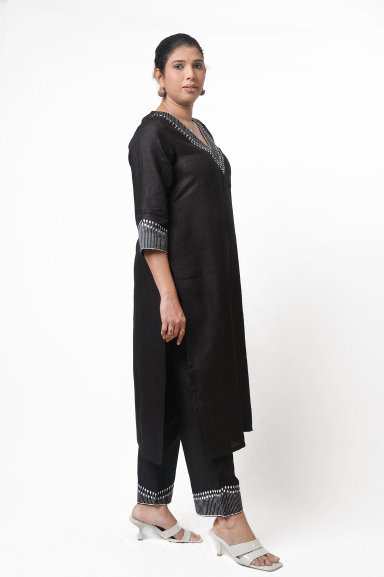 Black linen set with white embroidery