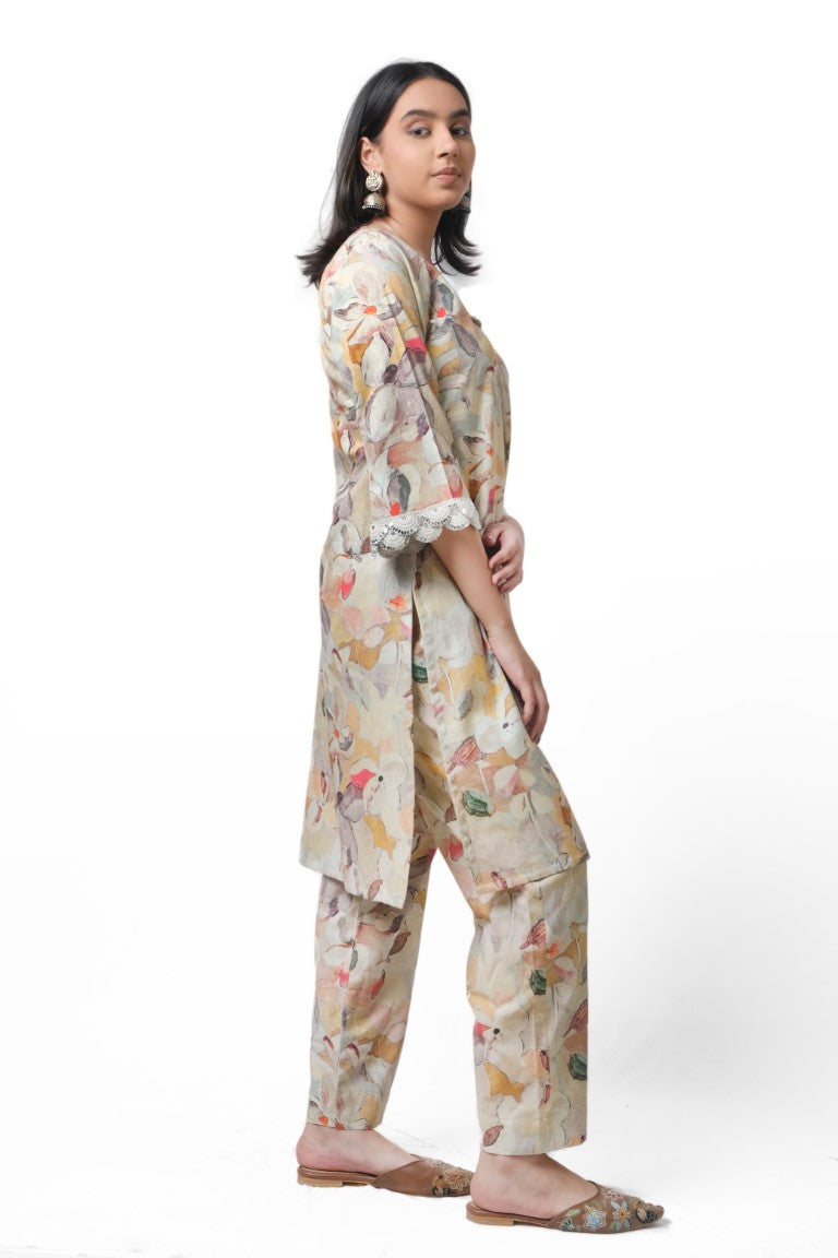 Brown printed cotton linen Co-ord Set with mirror work