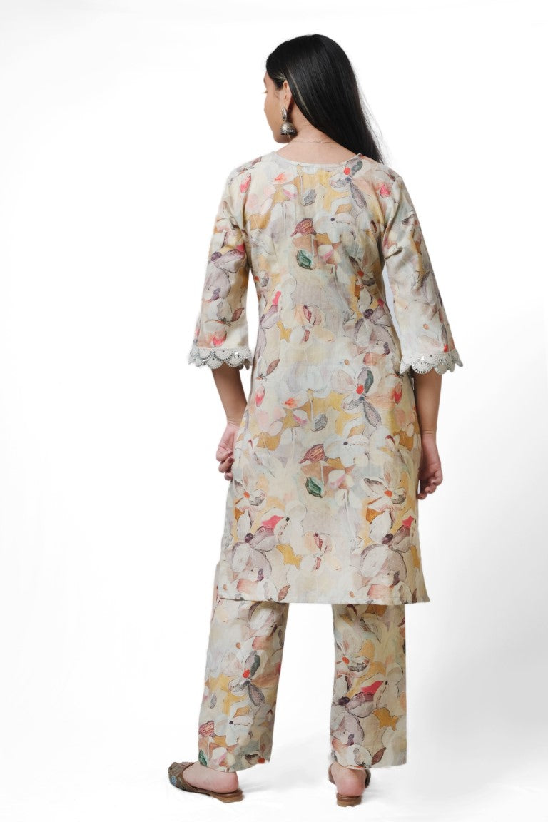 Brown printed cotton linen Co-ord Set with mirror work