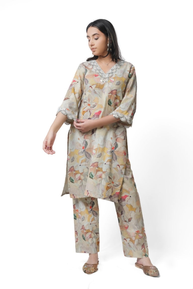 Brown printed cotton linen Co-ord Set with mirror work