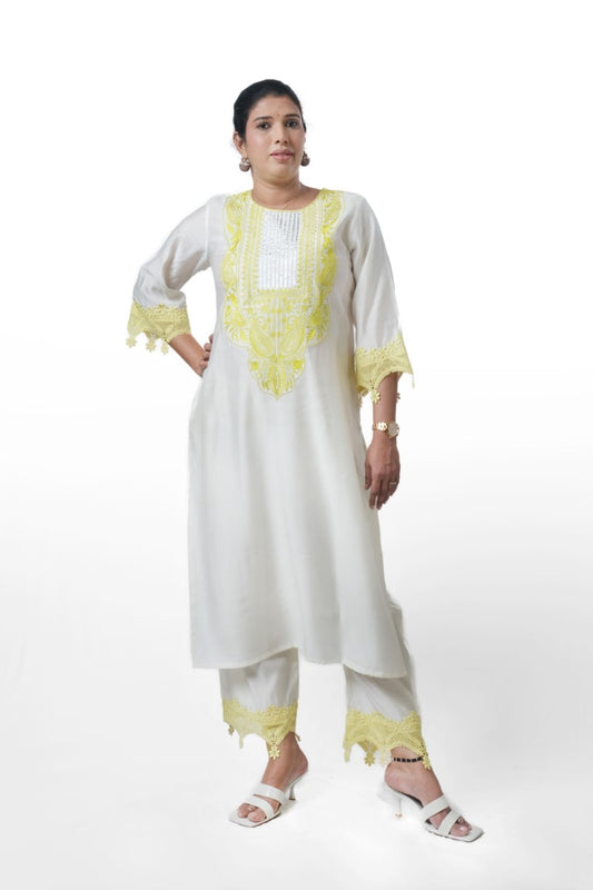 Offwhite Yellow Embroidered Kurta Set