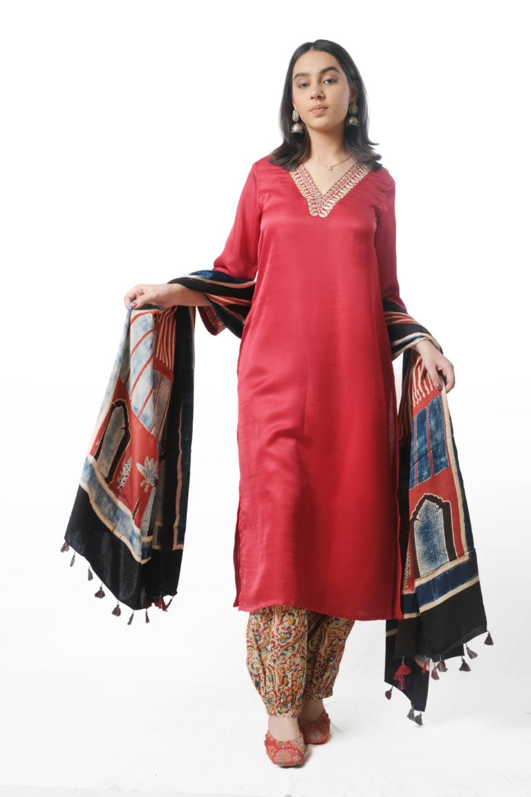 Red Kurta with Printed Cotton Bottoms