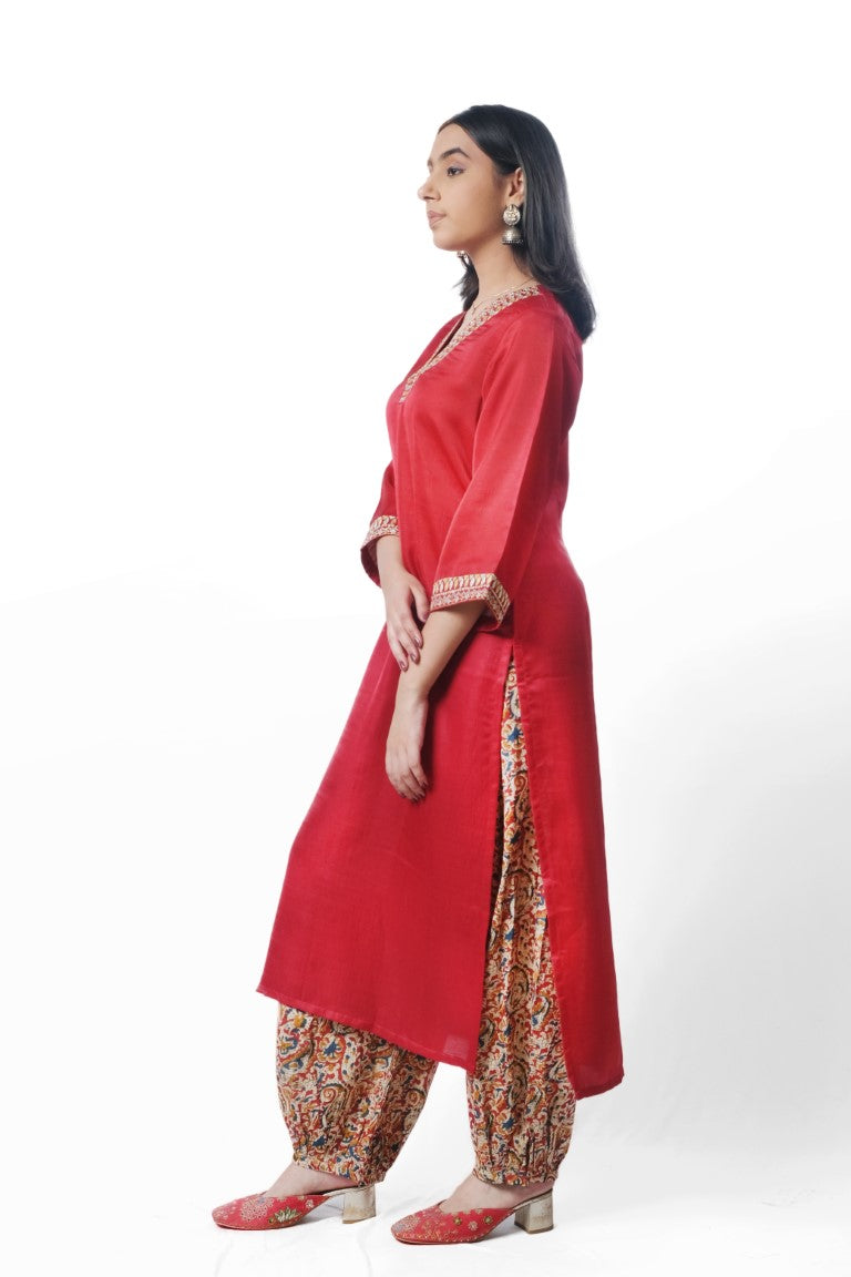 Red Kurta with Printed Cotton Bottoms