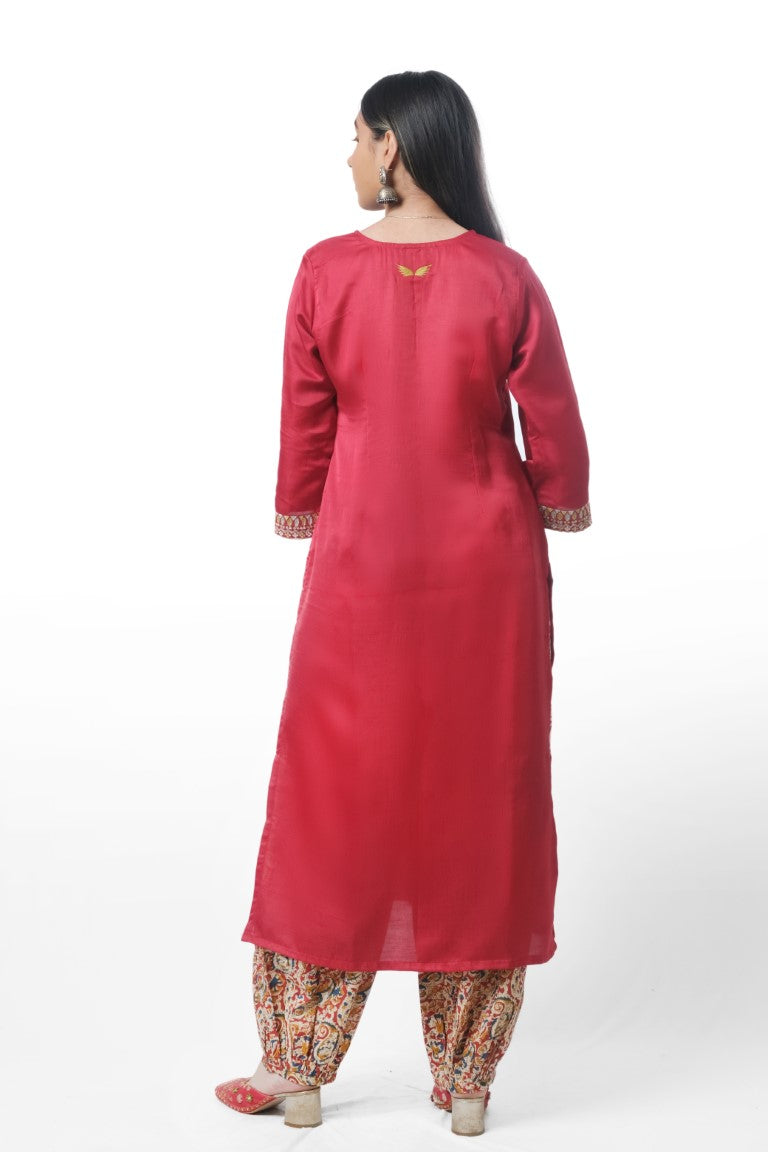 Red Kurta with Printed Cotton Bottoms