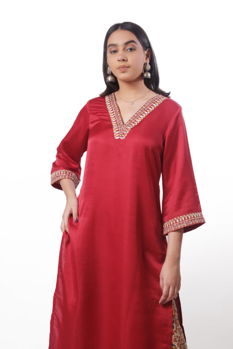 Red Kurta with Printed Cotton Bottoms