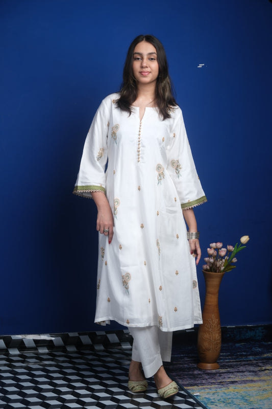 White Banarasi Silk Kurta Set