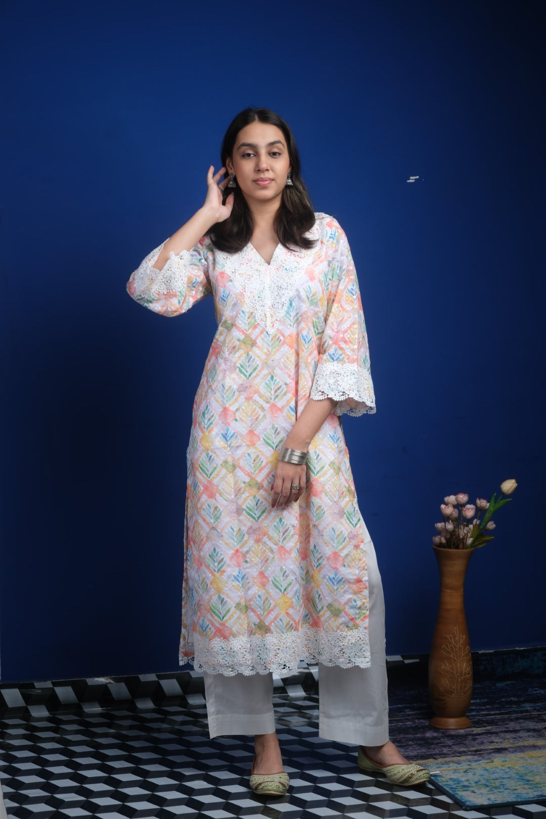 Cotton White and Peach Hakoba Kurta