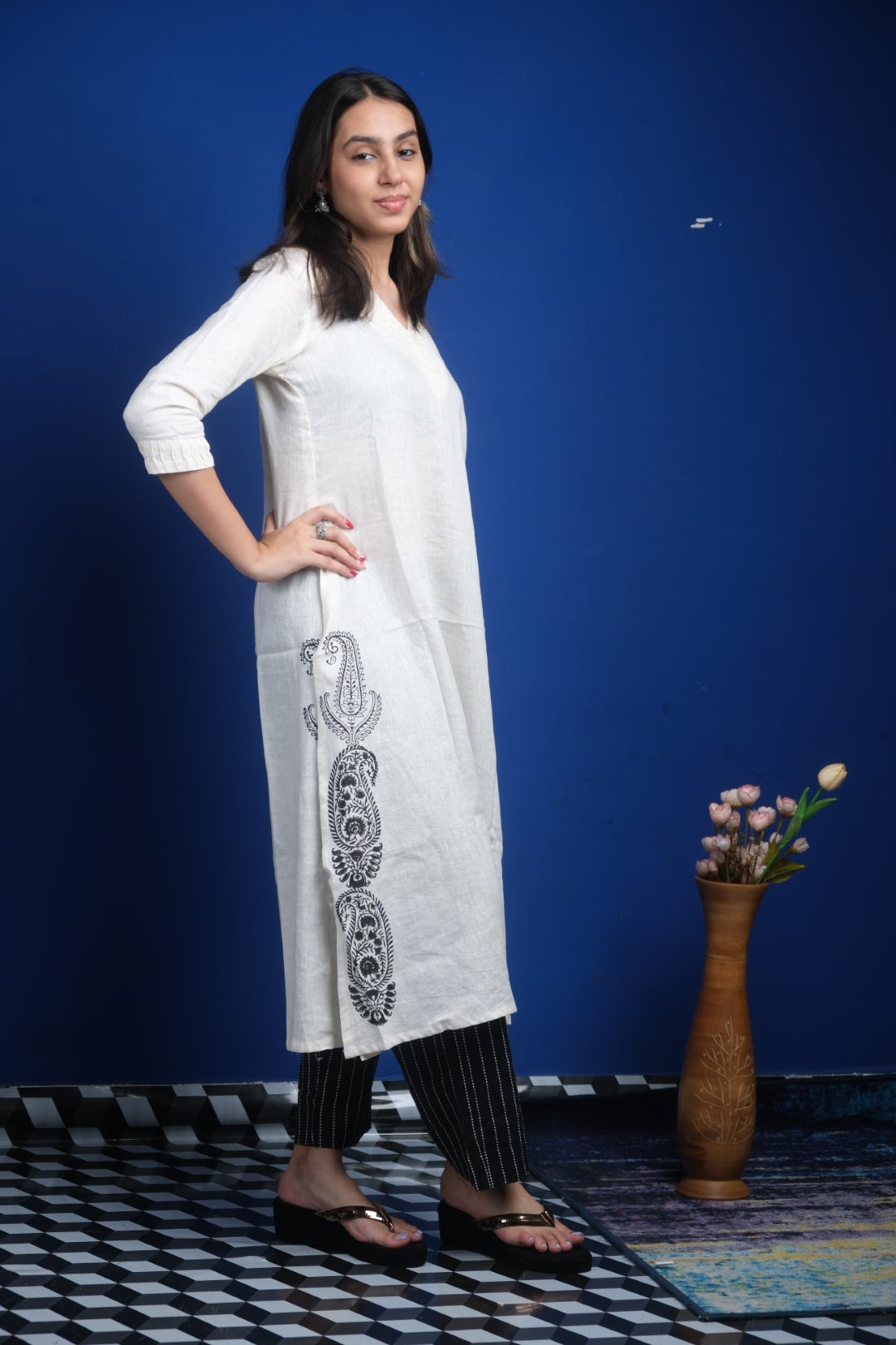 White Cotton Linen Kurta Set - Block Print