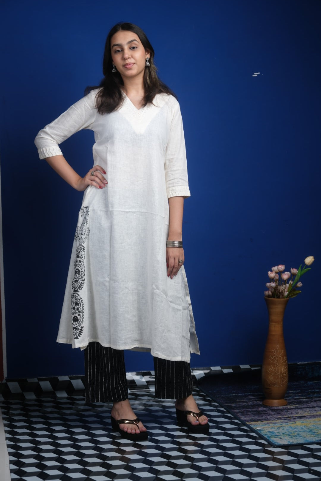 White Cotton Linen Kurta Set - Block Print