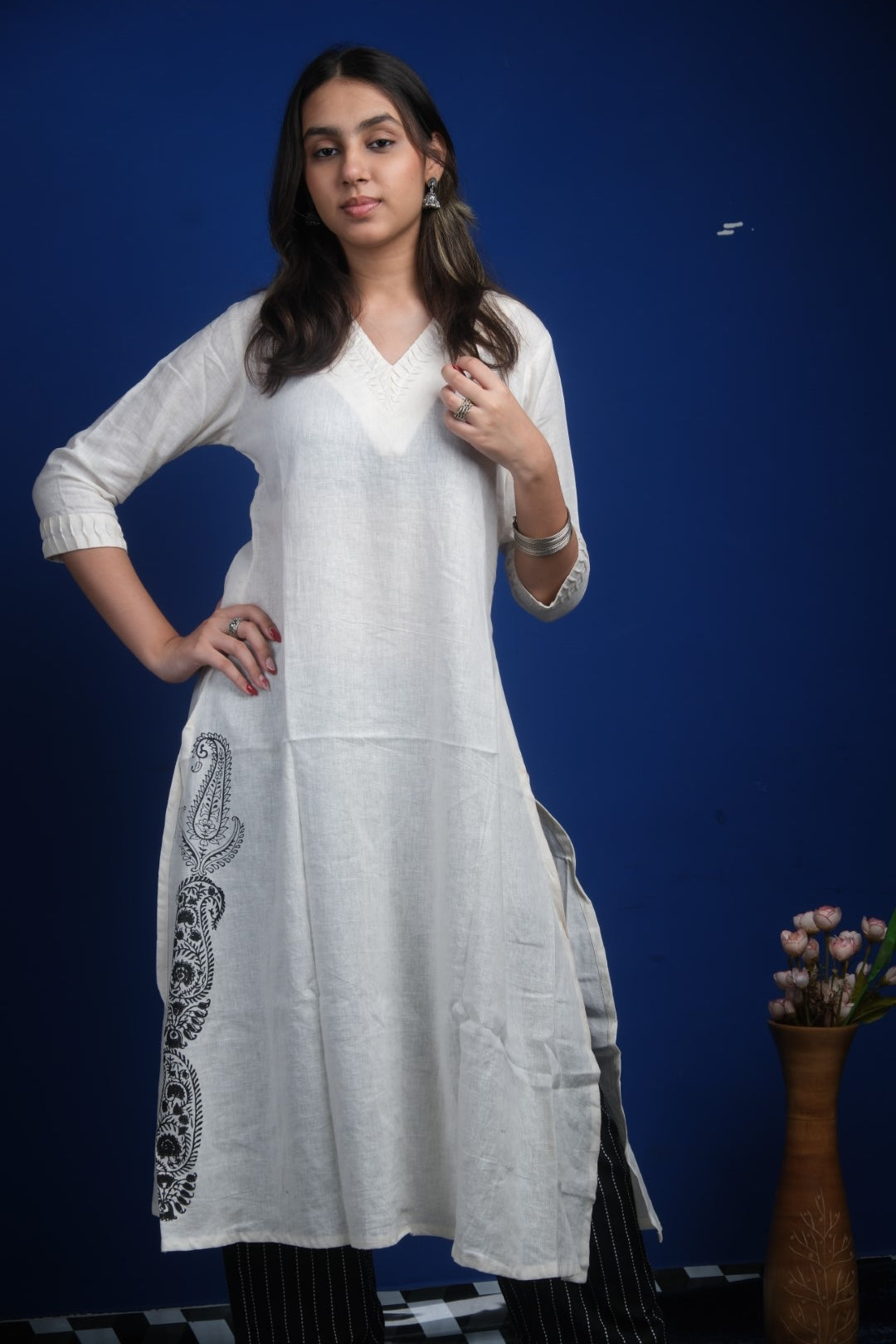 White Cotton Linen Kurta Set - Block Print