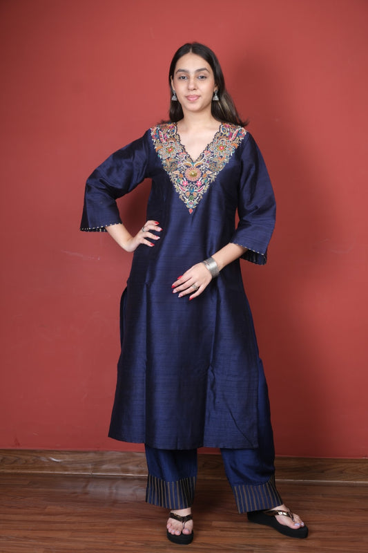 Navy Blue Pure Raw Silk Kurta Set