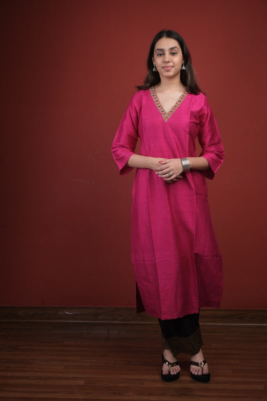 Pink Pure Raw Silk with Black Bottom