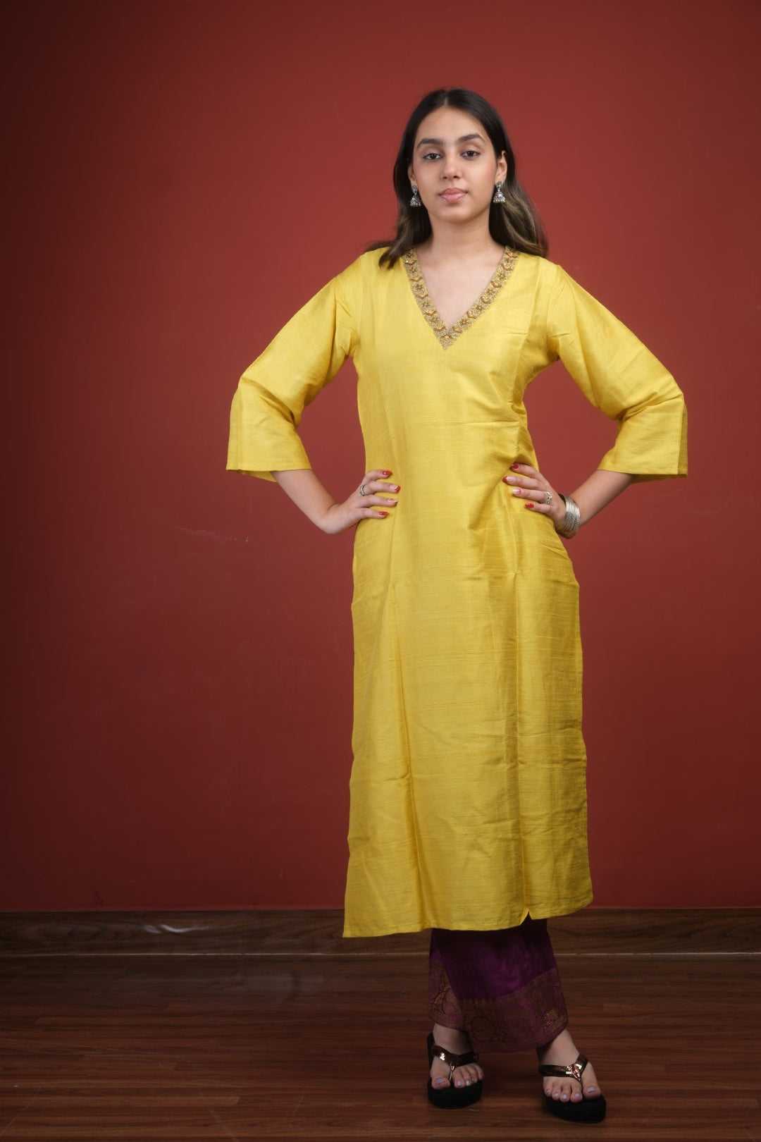 Yellow Pure Raw Silk Kurta with Pink Bottom