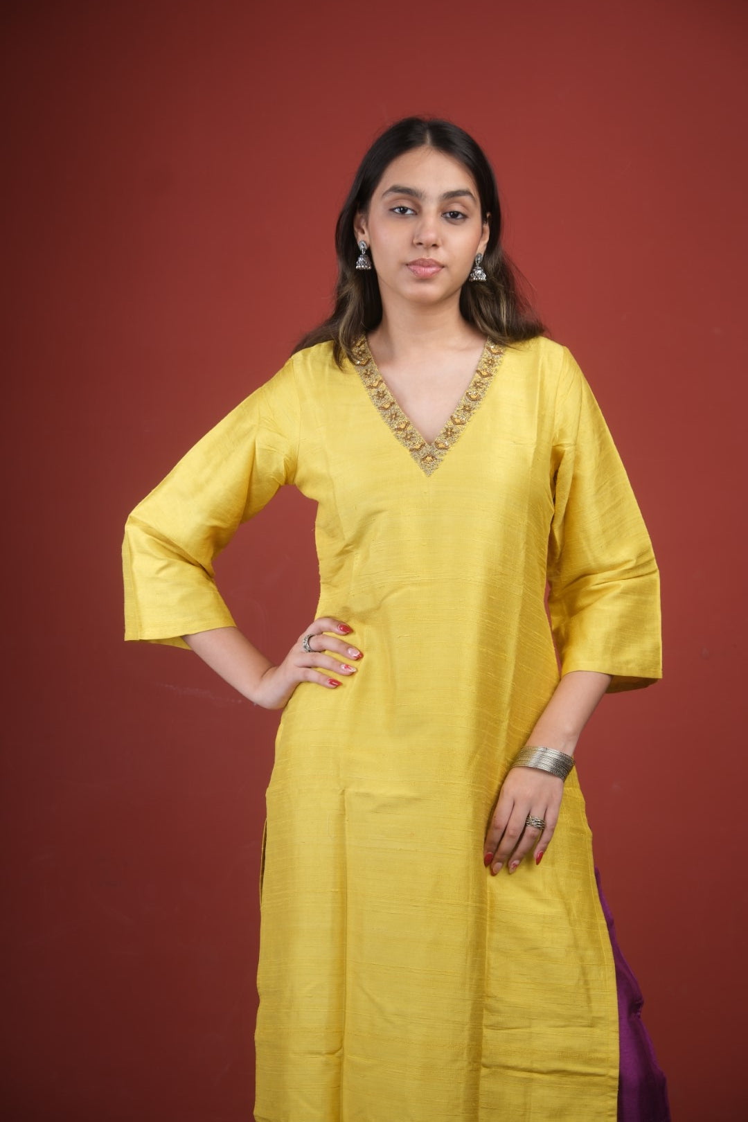 Yellow Pure Raw Silk Kurta with Pink Bottom