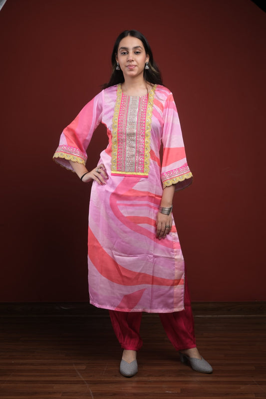 Pink Satin Linen Kurta Set