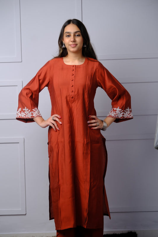 Rust Silk Kurta with White Cord Work