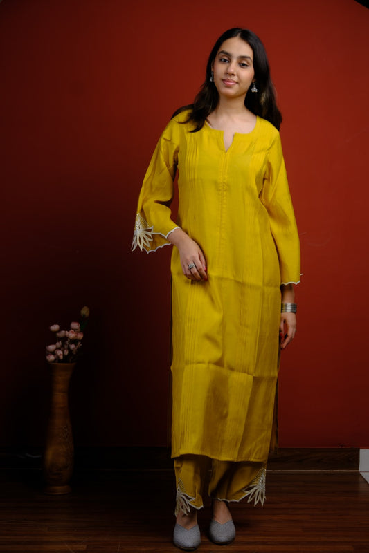 Mustard Silk Kurta Set with White Cut Work