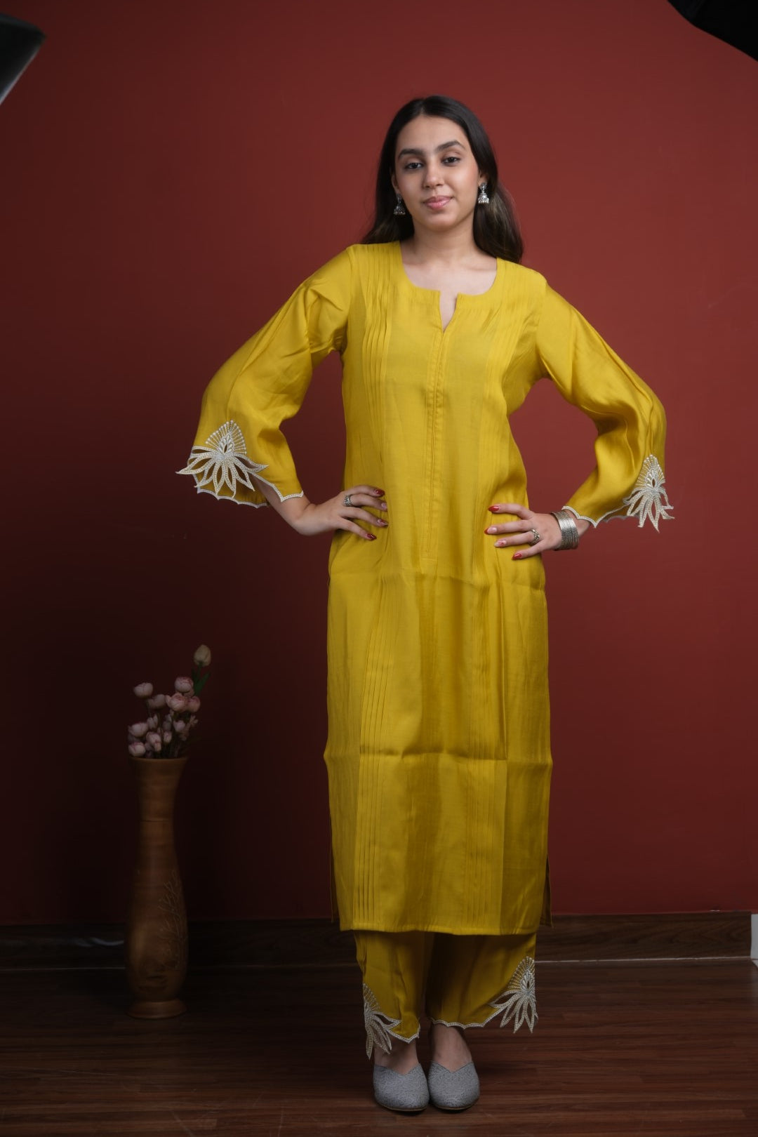 Mustard Silk Kurta Set with White Cut Work