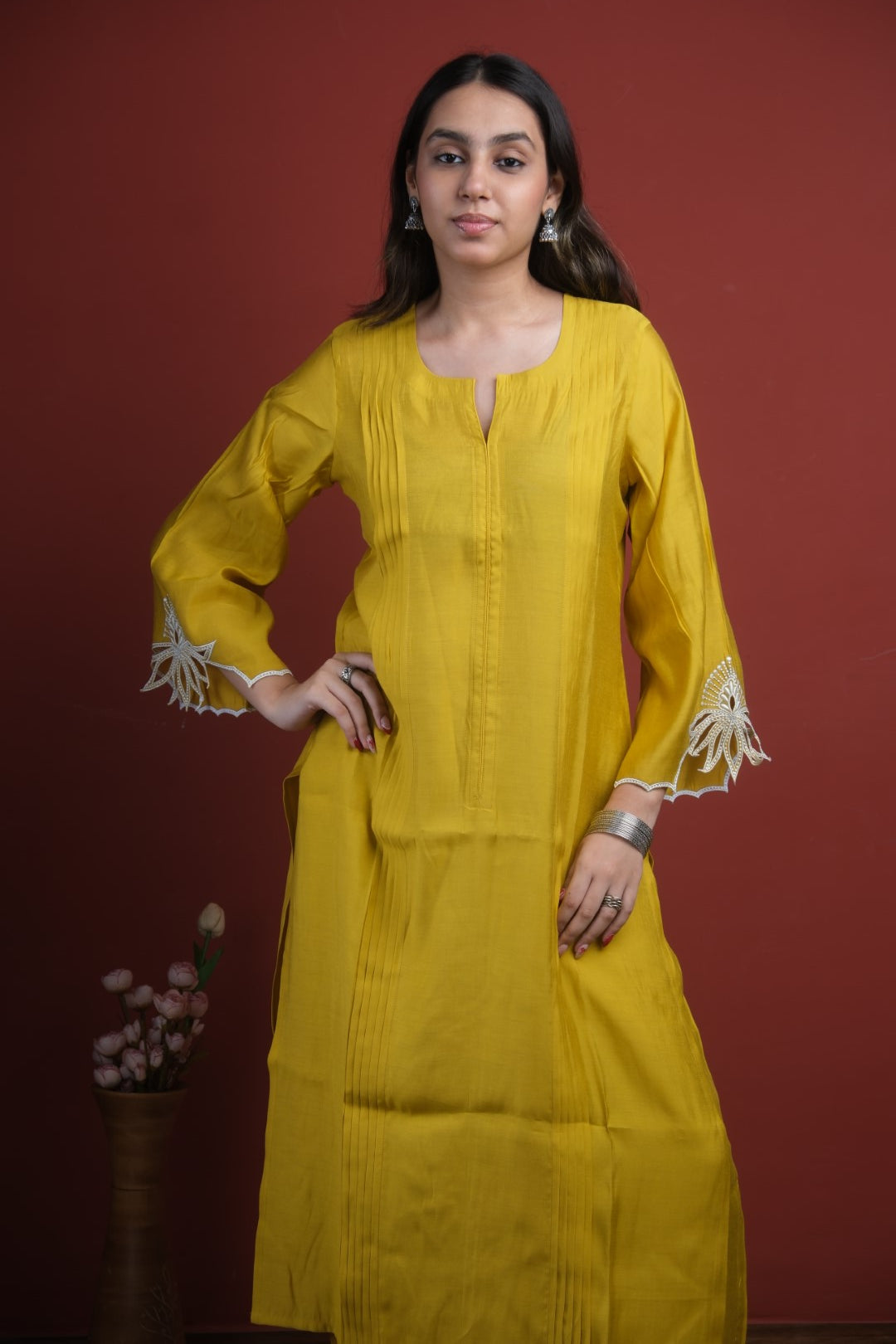 Mustard Silk Kurta Set with White Cut Work