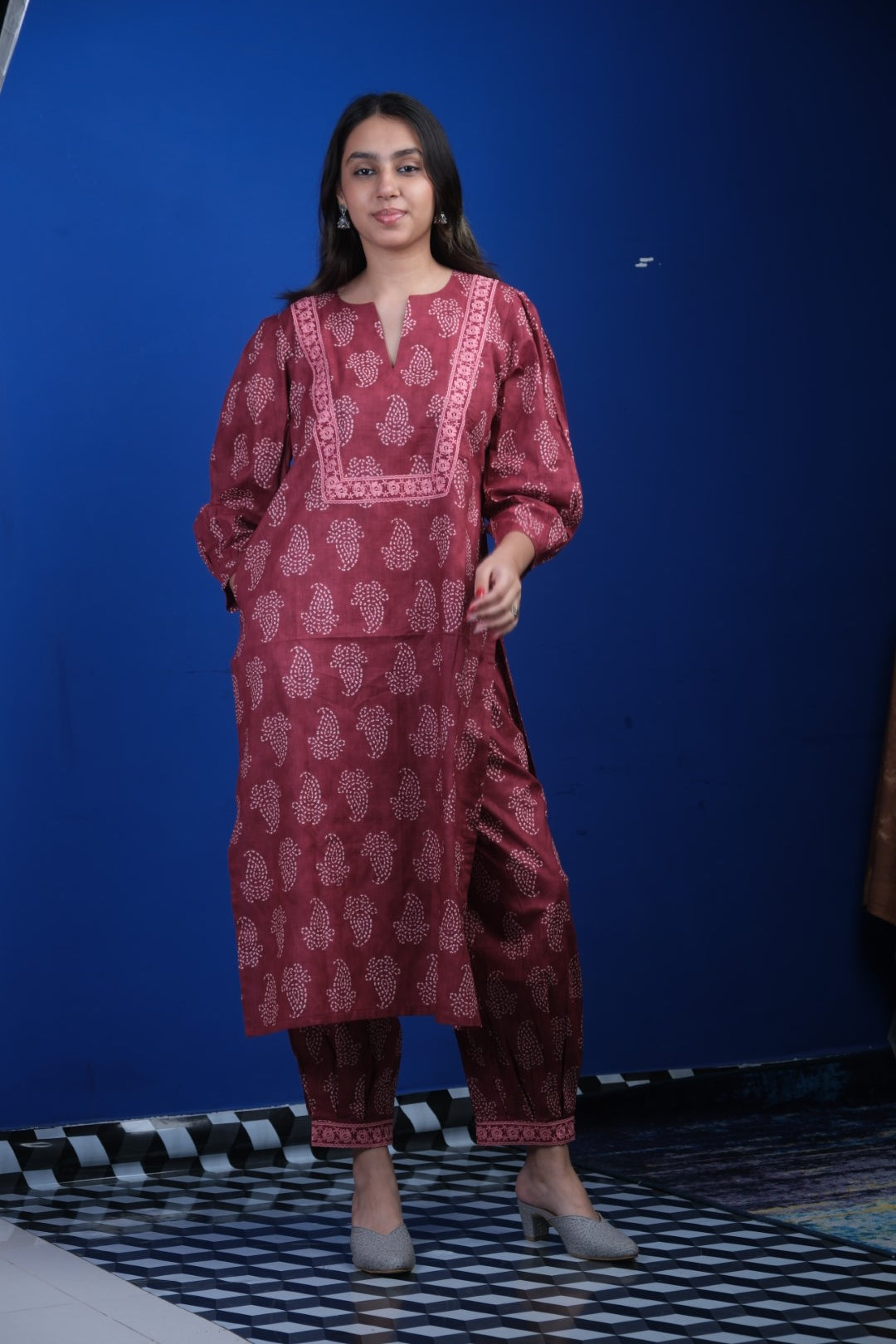 Maroon Silk Muslin Printed Kurtha Set