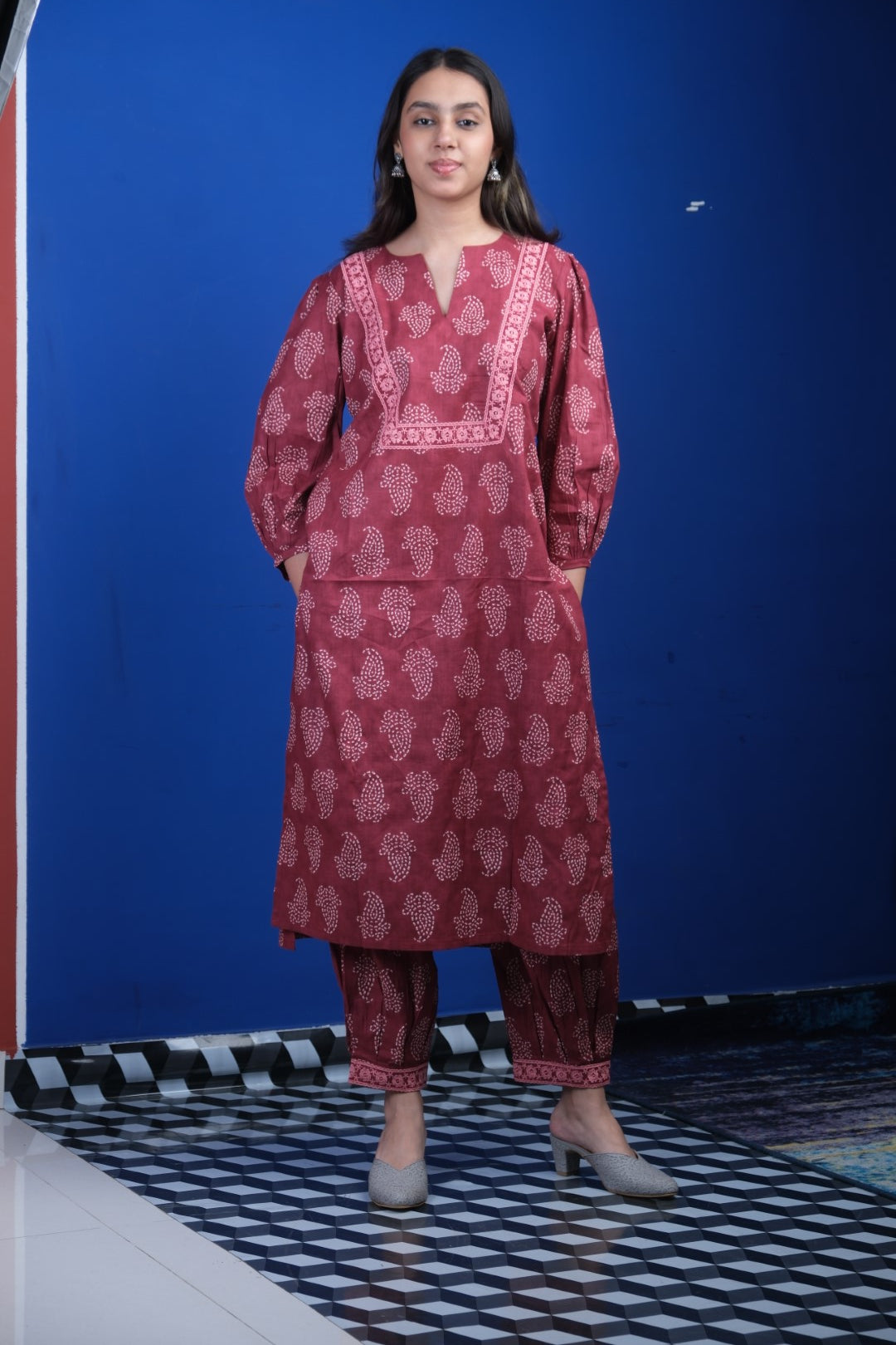 Maroon Silk Muslin Printed Kurtha Set