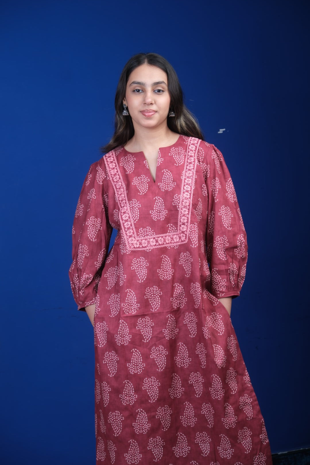 Maroon Silk Muslin Printed Kurtha Set