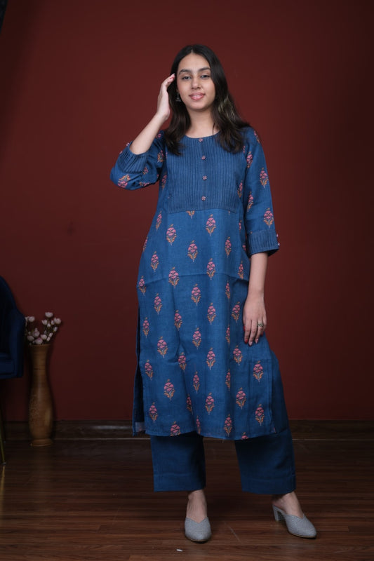 Blue Cotton Linen Kurta Set