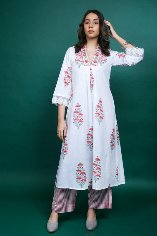 White Jaipur Cotton Kurta Set