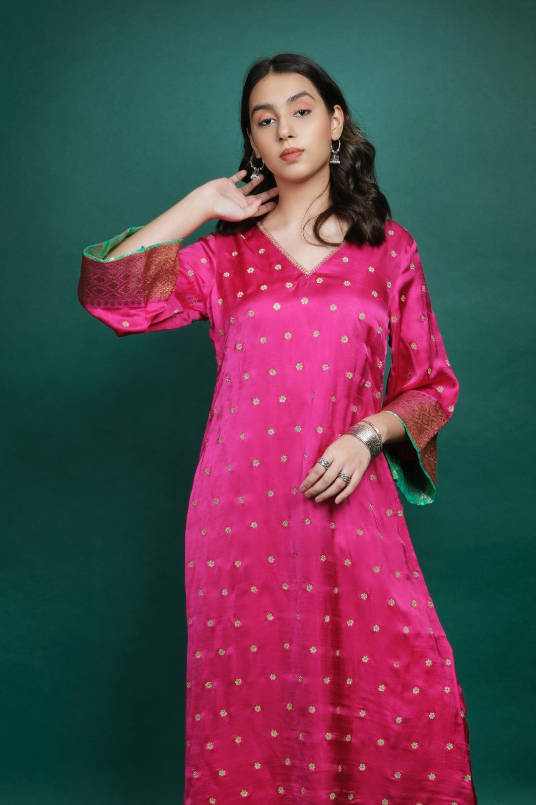 Pink Munga Silk Kurta Set with Pita Work