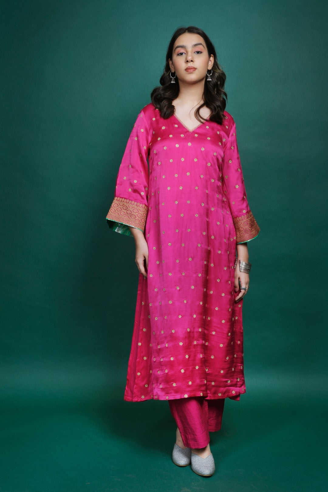 Pink Munga Silk Kurta Set with Pita Work