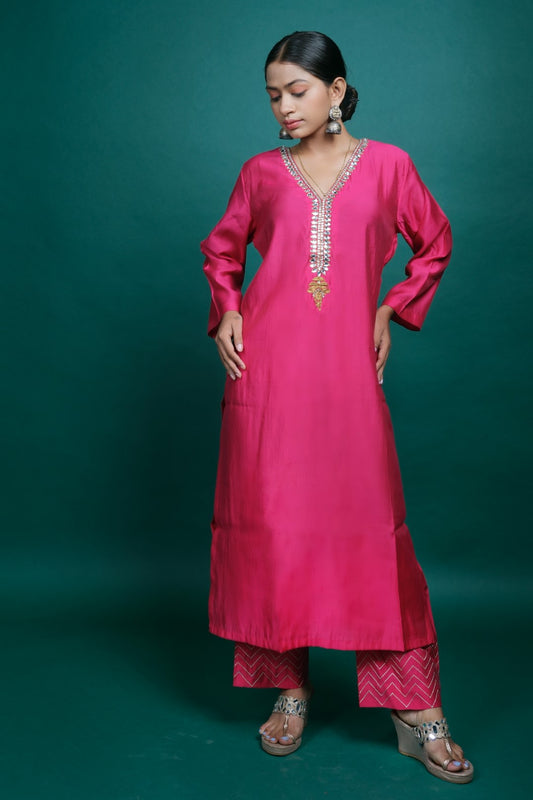 Pink Silk Kurta Set with Kundan Work