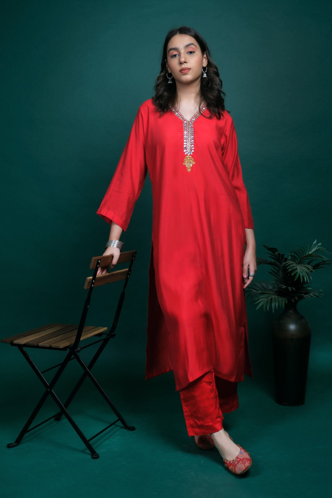 Red Silk Kurta Set with Kundan Work