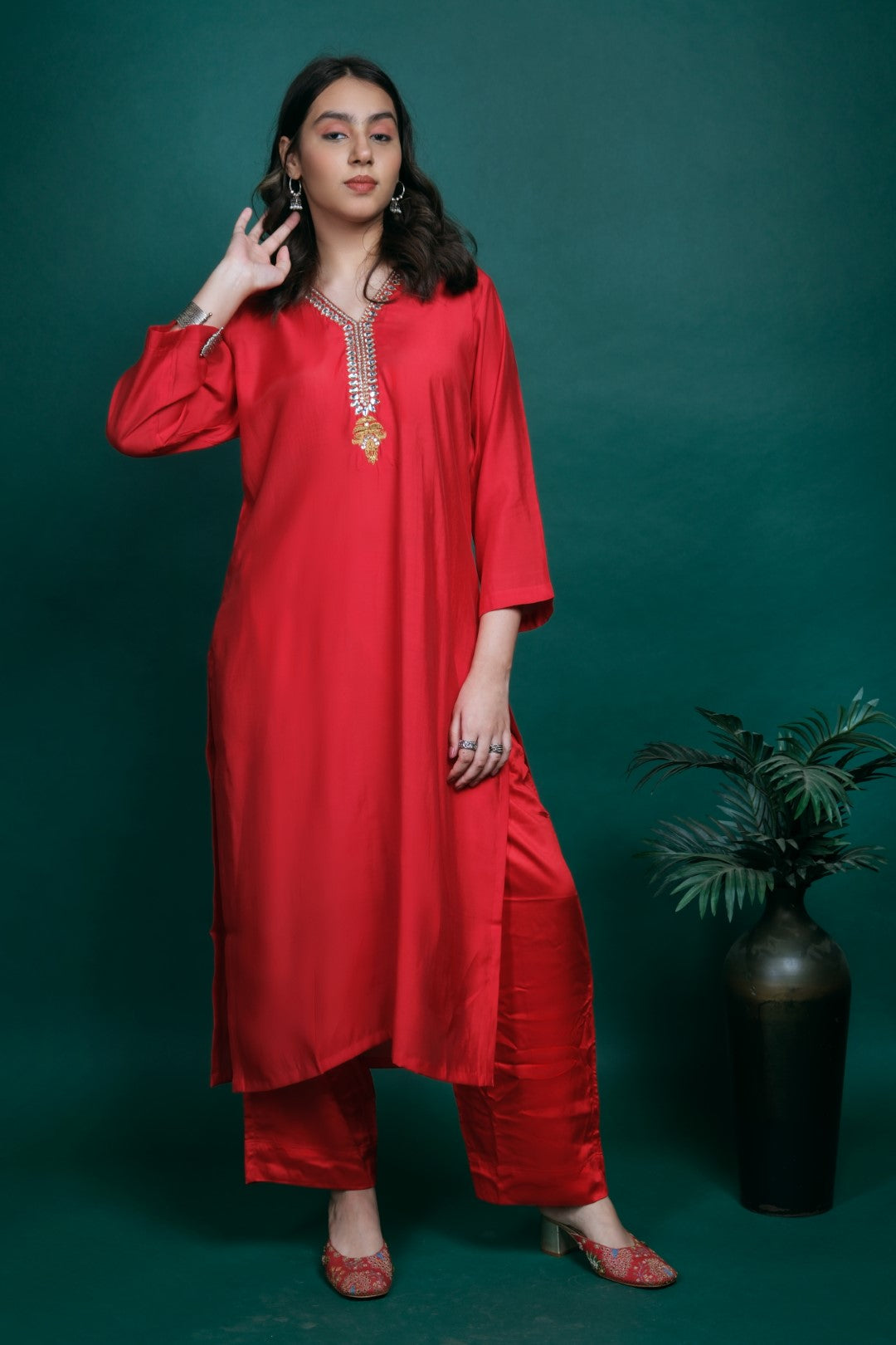 Red Silk Kurta Set with Kundan Work