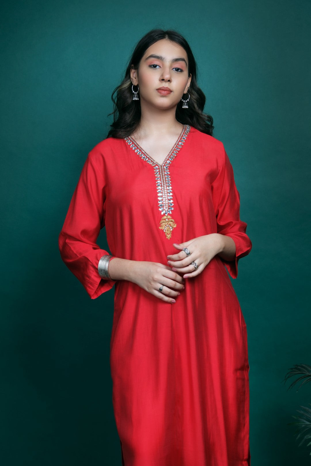 Red Silk Kurta Set with Kundan Work